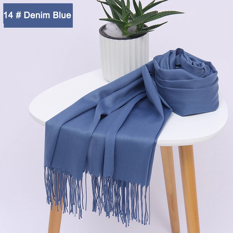 14 Denim blue Женские однотонные хлопковые шарфы с кисточкой женские зимние тонкие весенний шарф летние роскошные женские шали теплые шарфы для женщин - Цвет: 14 Denim blue