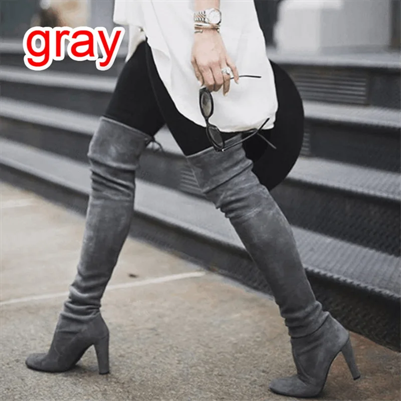 gray HEFLASHOR Размеры 35-43; Новинка года; женская обувь; черные ботфорты; пикантные женские сапоги до бедра; сезон осень-зима - Цвет: gray