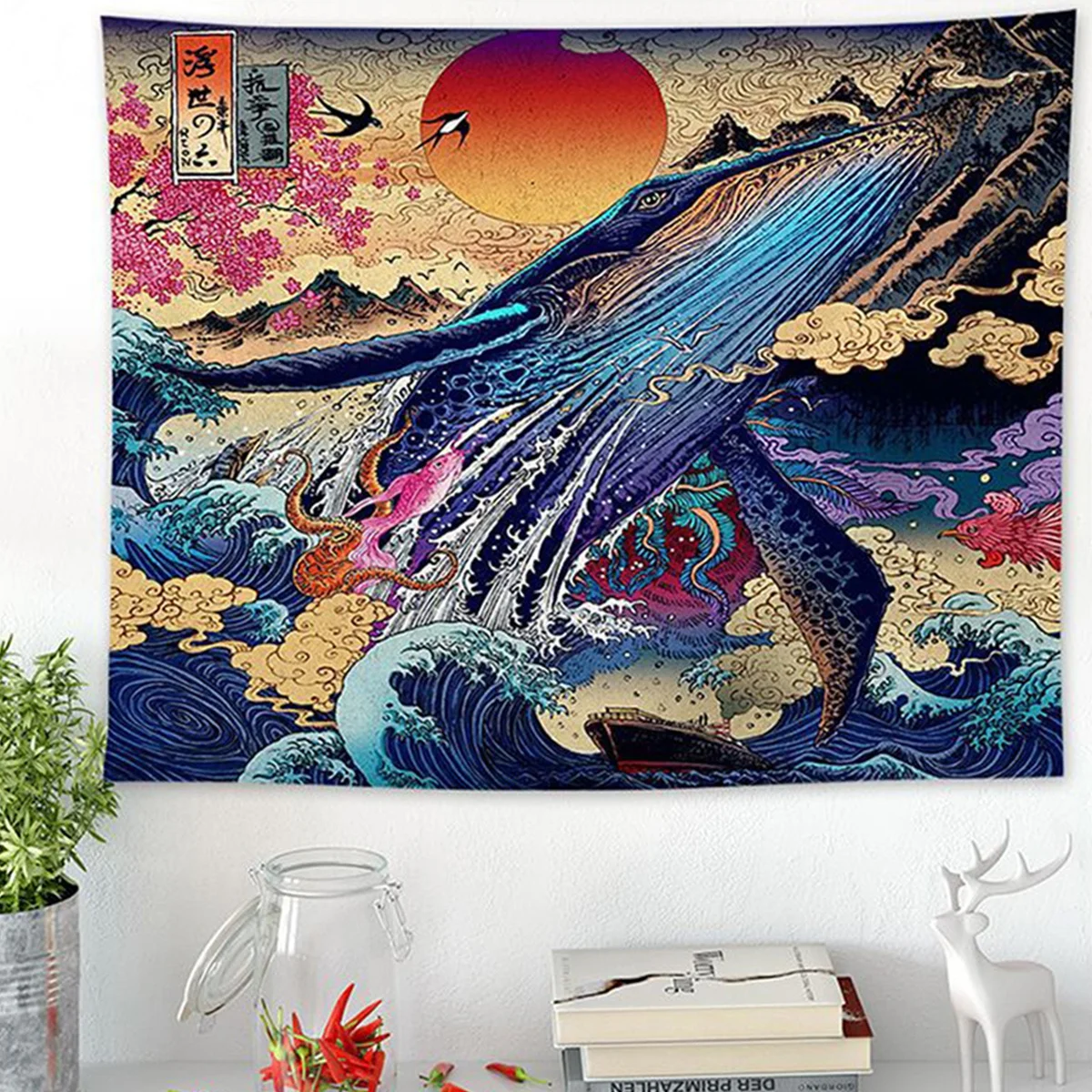 

3D Ocean Wave Sunset Tapestry Japanese Tapestry for Room Sea Whale Home Decor Wall Hanging