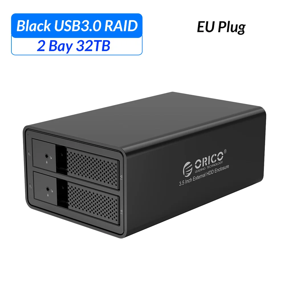 Black EU Plug ORICO 2 bay 3,5 дюймов, док-станция для жесткого диска USB3.0 SATA с RAID HDD Алюминий корпус для жесткого диска 78 Вт внешний Мощность адаптер жесткого диска чехол - Цвет: Black EU Plug