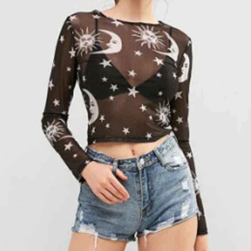 Женская Сетчатая футболка с принтом Sun Moon тонкая длинным рукавом винтажная