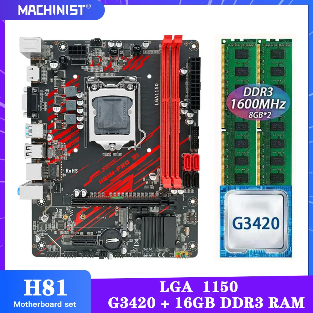 

MACHINIST H81 Motherboard Kit With Intel Celeron G3420 LGA 1150 CPU DDR3 16GB(2*8GB) 1600MHz RAM Memory SATA NGFF M.2 H81-PRO-S1