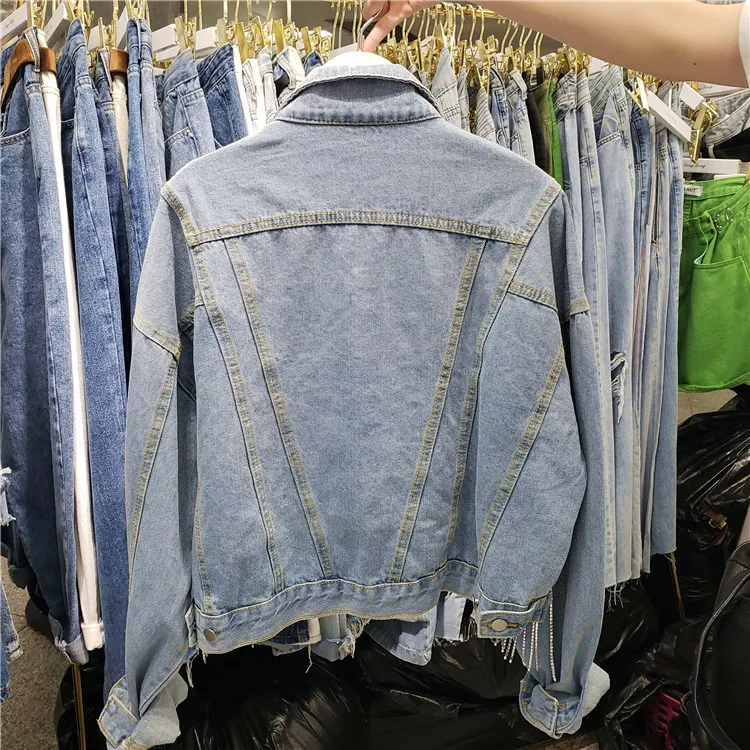 

Fashion Short Denim Jacket Women's Spring and Autumn Heavy Rhinestone Diamond Tassel Loose High Waist Jeans Coat Student Jackets