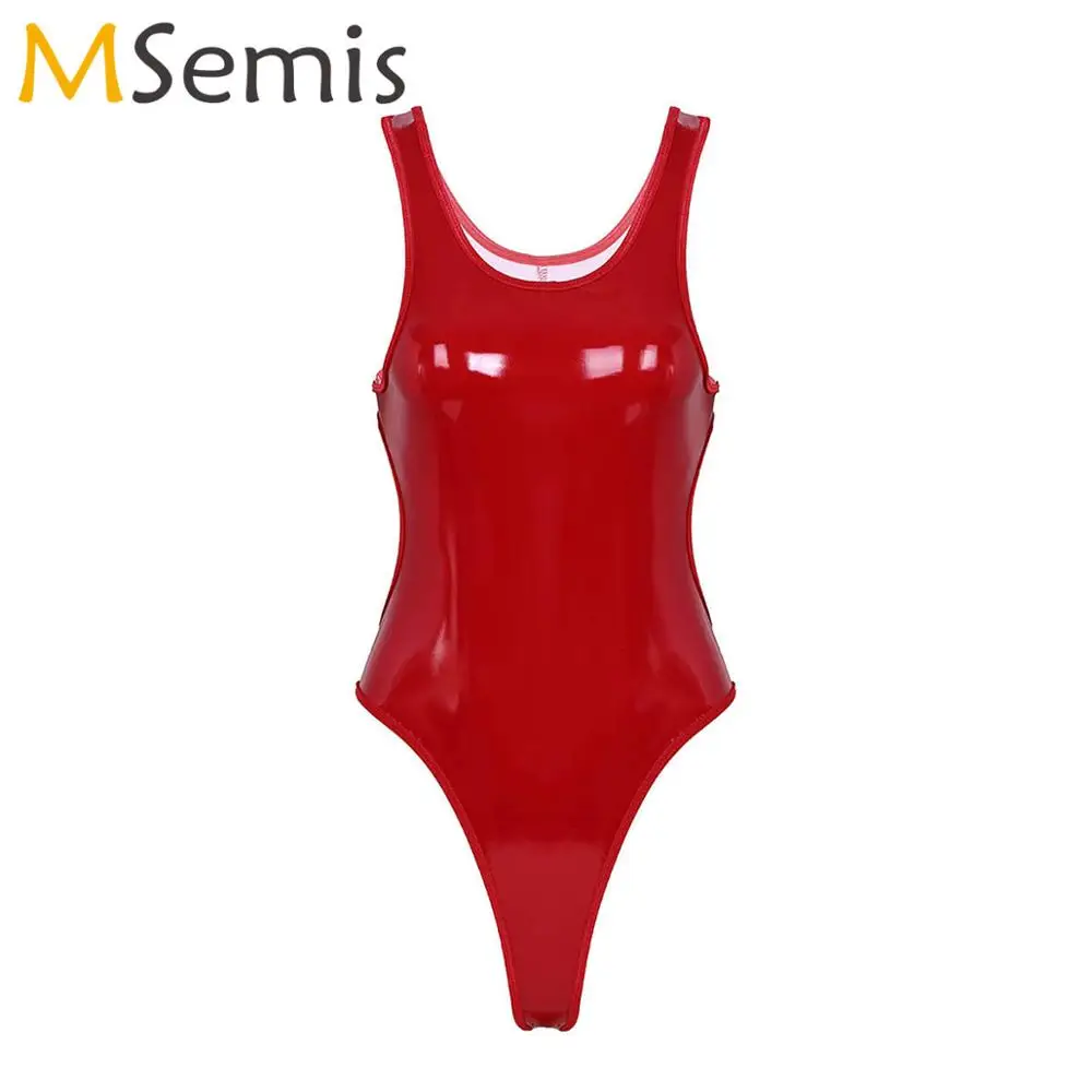 

MSemis Women Backless High Cut Thong Latex Catsuit Hot One Piece Teddy Lingerie Shiny Wetlook Leather Bodysuit Sexy Nightwear