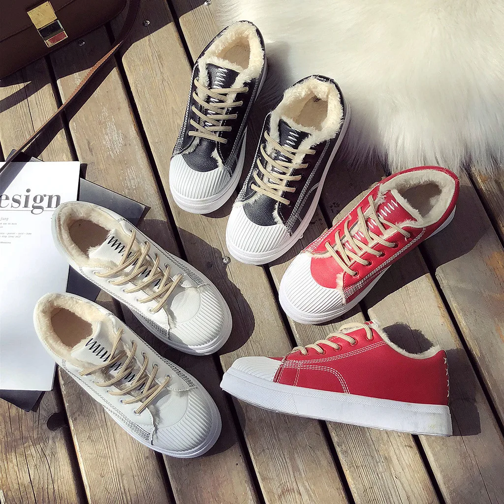Fuury Insole Wamr Witner Women‘s Shoes Lace Up Platform Ladies Fashion Casual Winter Warm Sport White Sneakers #BE | Обувь