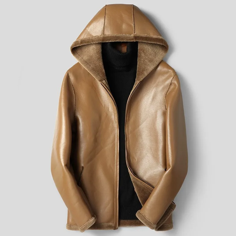 

Winter Men Leather Reversible Jacket Fashion Solid Long Sleeve Hoodie Wool Outerwear Male Pocket Zipper Real Fur Coat M-5XL