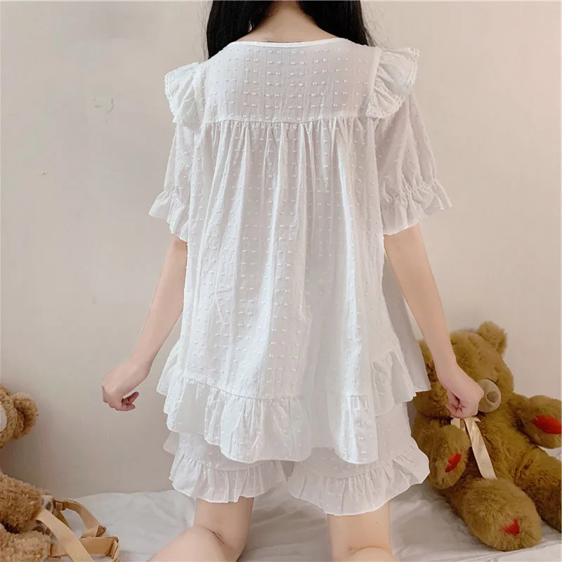 2021 Summer New Palace Style Pure Cotton Pajamas Women's Sweet Princess Style Short Sleeve Ruffle Housewear Female Sleepwear