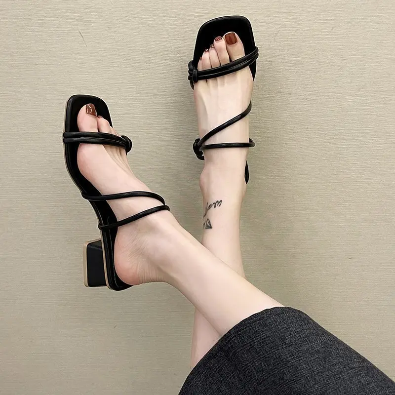 

Thick Heel Slippers Women Pu Narrow Band Slippers Women Shoes Summer Casual Outdoor Open Toe High Heel Sandals Mujer 2021