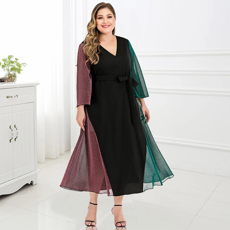 Женское блестящее платье Siskakia Прозрачное контрастной расцветки с V образным