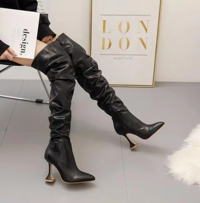 New Design Pleated Leather Over The Knee Boots Fashion Runway Strange High Heels Sexy Pointed Toe Zip Womans Shoes | Обувь