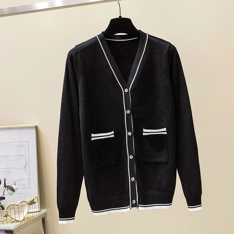 

Womens Sweater Cardigan 2021 Spring Korean Fashion Pockets Long Sleeve V-Neck Knitted Thin Coat Sweaters Single Breasted Mujer
