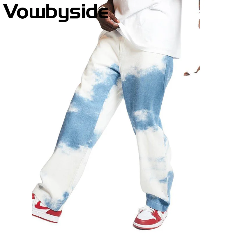 

Tie Dye Print Loose Straight Casual Denim Pants Men High Waist Distressed Jeans Men Clothing