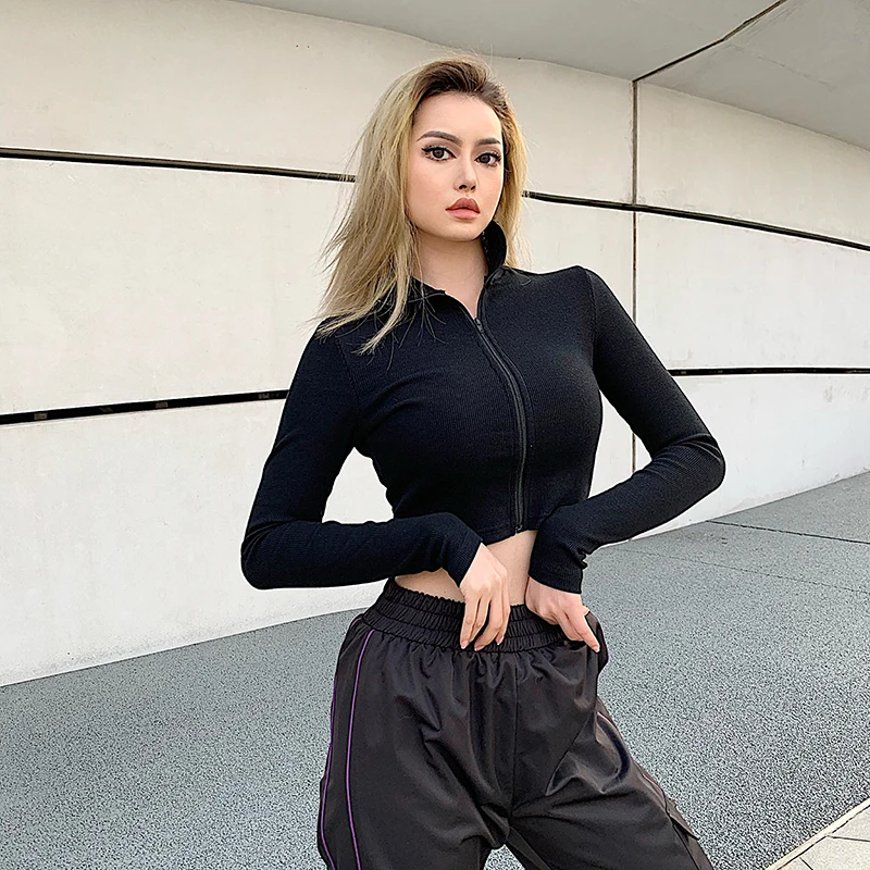 Черный Rockmore Bodycon White Knitted Ribbed Zipper Women T-Shirt Streetwear Cotton Long Sleeve Femme T Shirts Crop Tops Tees Autumn - Цвет: Черный