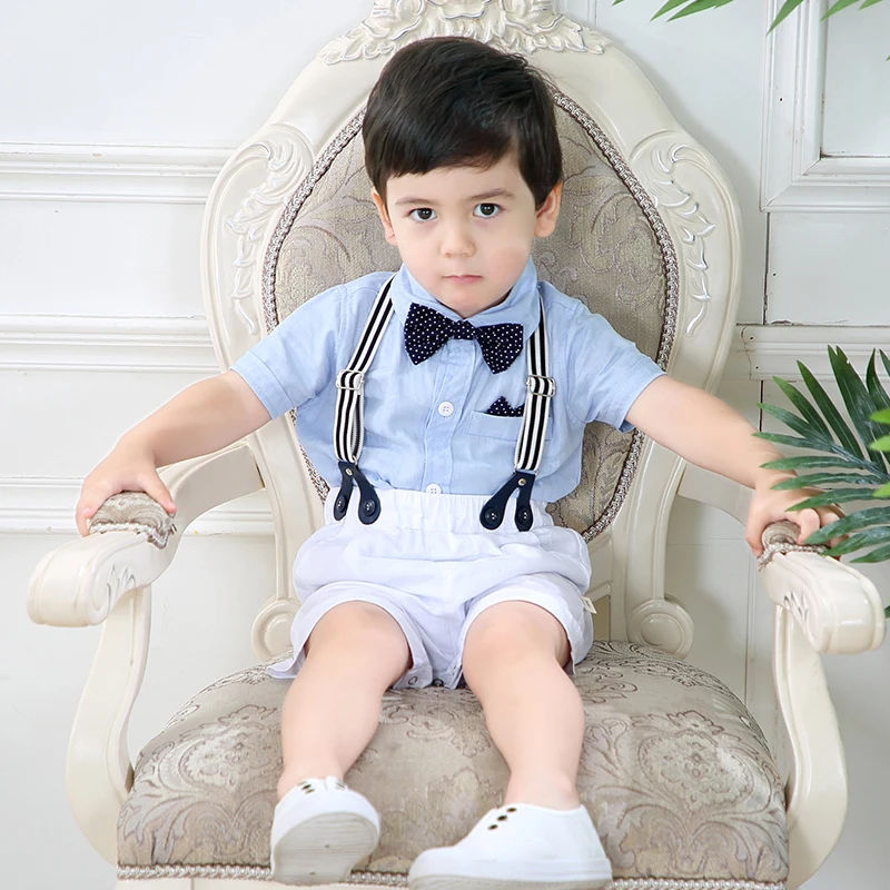 Solid Newborn Baby Boy Outfit Set Bow Formal Gentleman Suit for Toddlers Summer Sky Blue Romper + White Shorts Clothes for Baby
