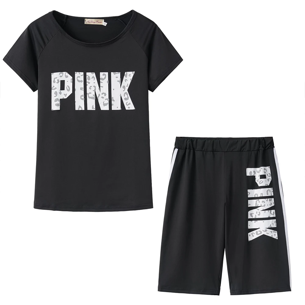 

2021Casual Pink Letter Print Women Two Piece Set New Summer Rompers Sexy Striped T-Shirts And Skinny Pants 2pcs Outfits