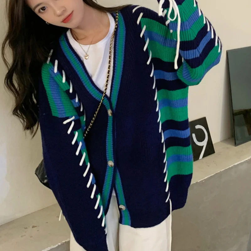 

Contrast Striped T-shirt Women's V-neck Long Sleeve Loose Versatile Sweater Coat