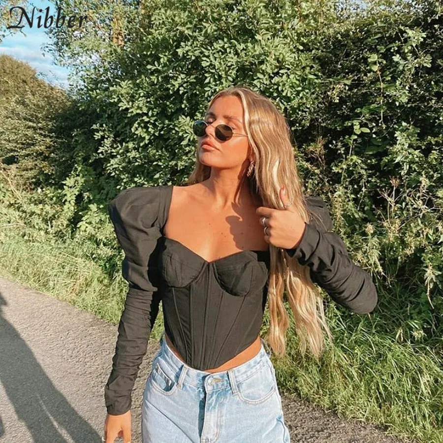 

Nibber Elegant Romantic Irregular Croped Corset Top Women Stylish Puff Sleeve Vacation Crop Top Skinny Casual Streetwear Female