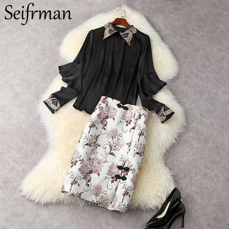 

Seifrmann New 2021 Summer Women Fashion Runway Skirts Set Lantern Sleeve Embroidery Blouses + High Waist Printed Midi Skits