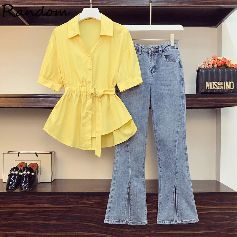 

2021 летняя одежда для женщин большого размера плюс 4XL джинсовые костюм блуза топ и длинные джинсовые штаны, спортивный костюм из двух предмет...