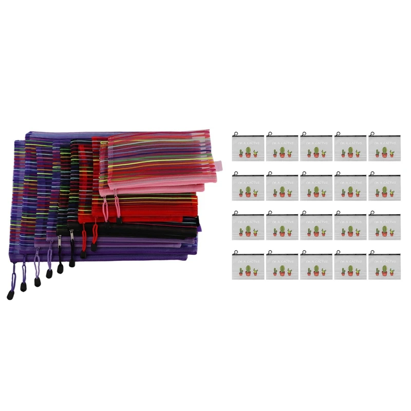 

10 Pieces Random Color Mesh Zipper Pouch & 1set Cute Fresh and Transparent Frosted Cactus Storage Bag
