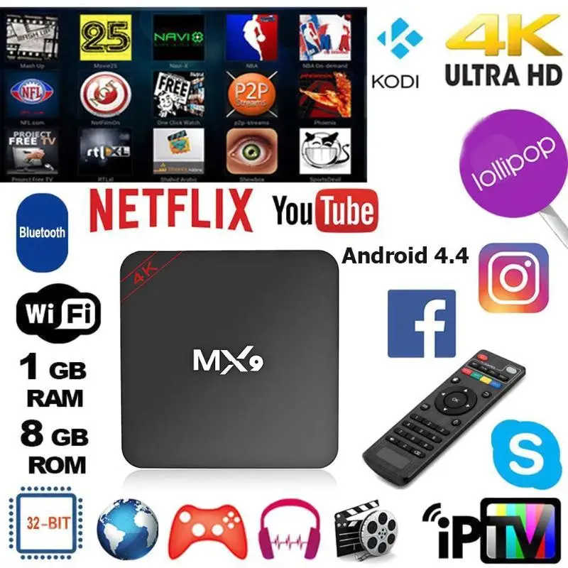 

MX9 4K Quad Core 1GB RAM 8GB ROM Android 4.4 TV BOX 2.0 HD HDMI SD Slot 2.4GHz WiFi Set Top Box Media Player Set Top Box