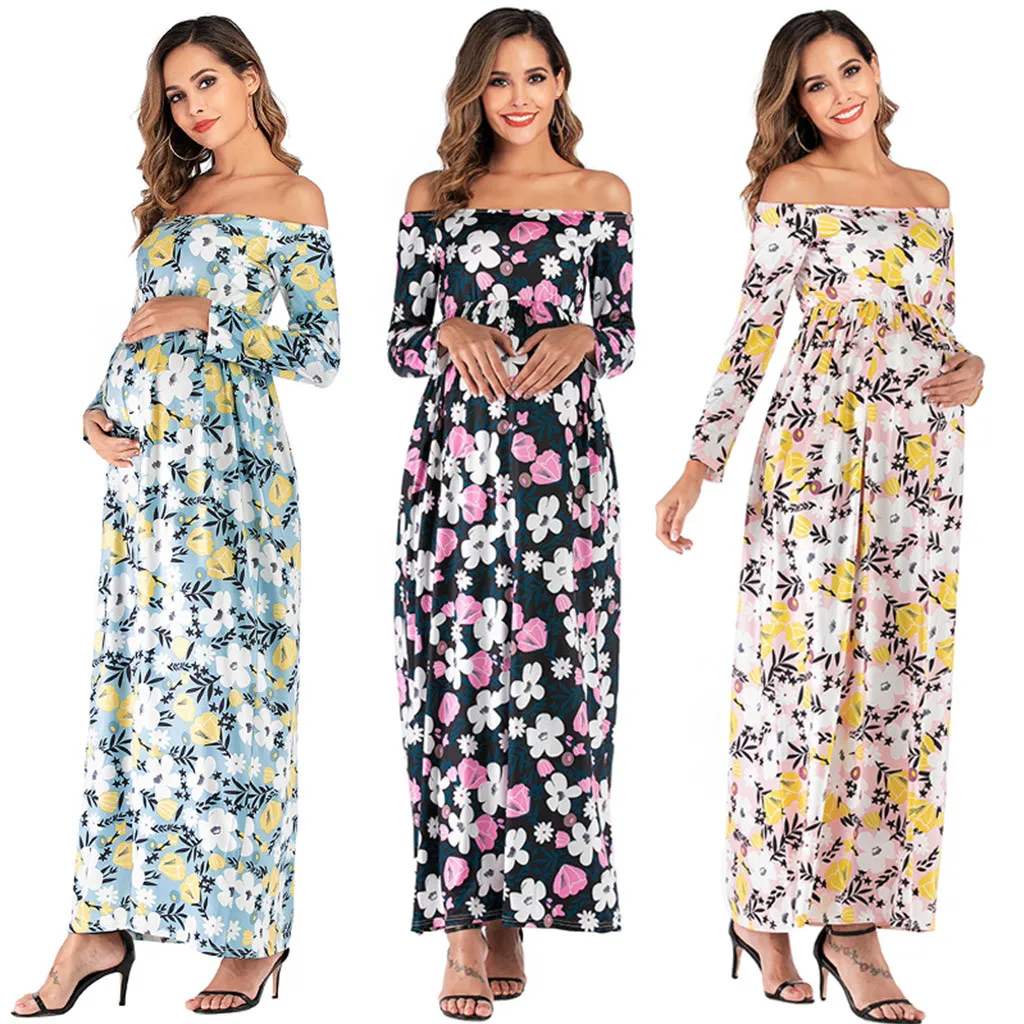 Платье для беременных с открытыми плечами длинным рукавом цветочным принтом