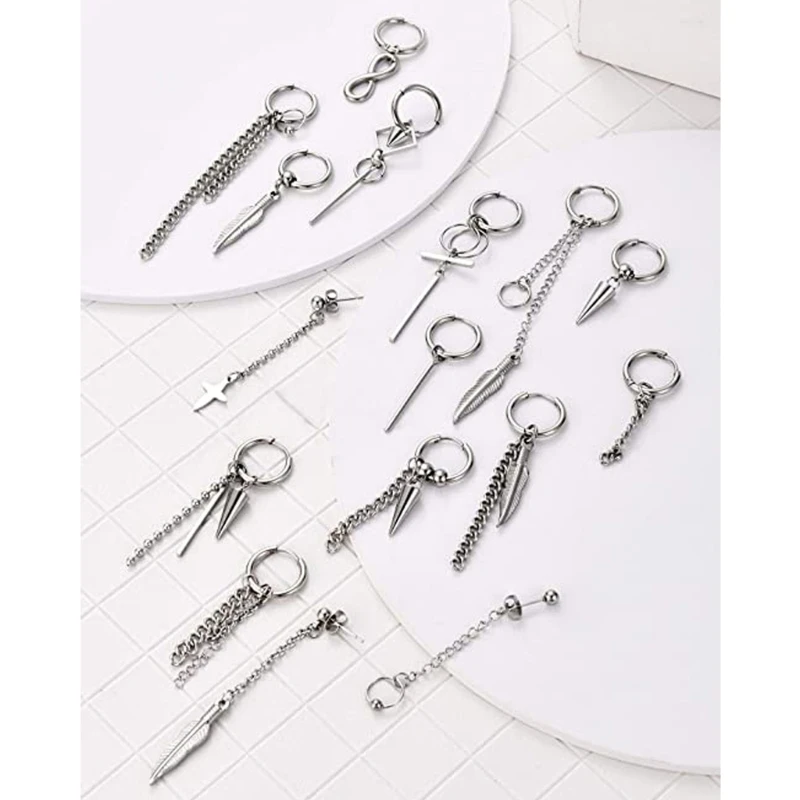 

24Pcs Korean Huggie Hoop Earring Stainless Steel Dangle Hinged Feather Drop Earrings Long Chain Pendant Earrings Jewelry