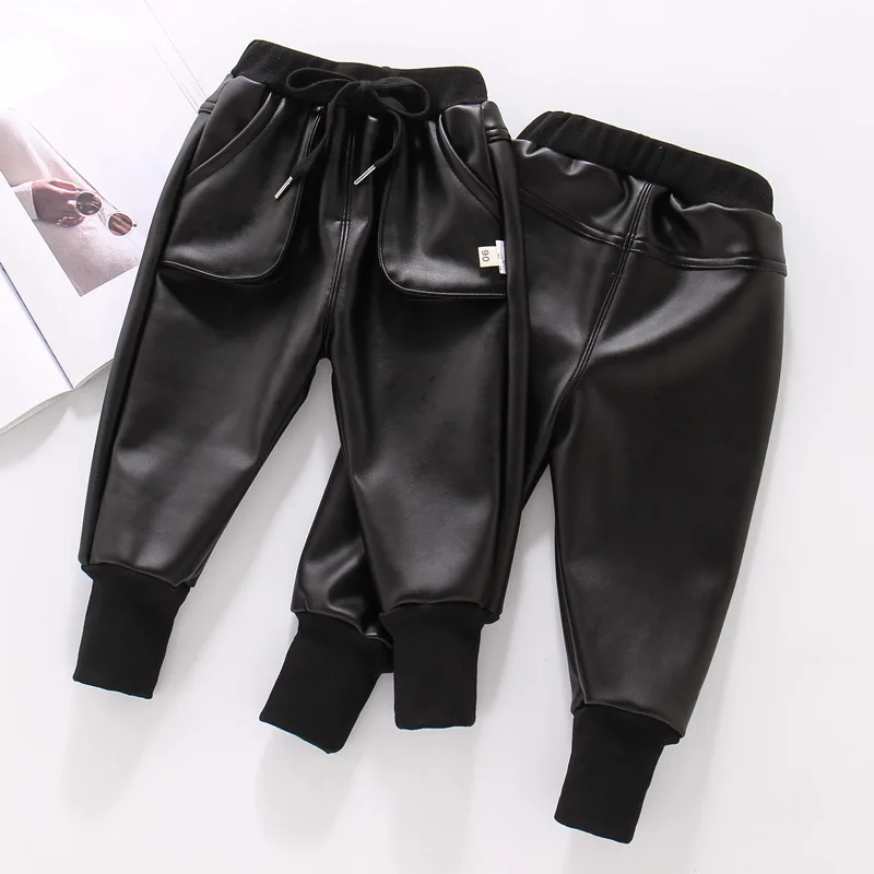 Fall Winter Faux Leather Pants Children Pants Warm Boys Trousers Thicken Casual Cargo Pants Kids Girls Clothing 2 4 6 8 10 Years