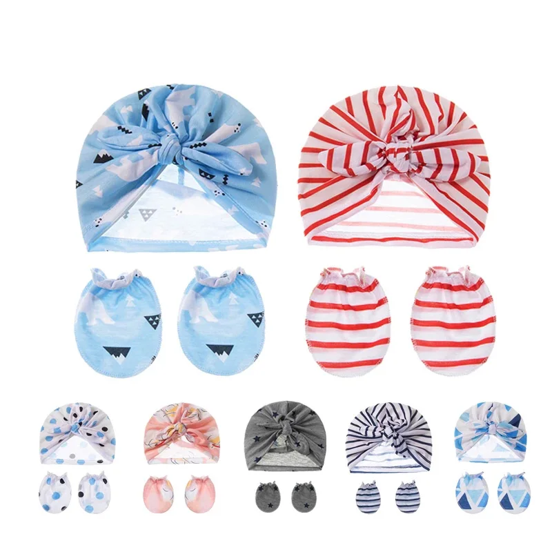

2 Pcs Baby Hat Gloves Set Cotton Boy Girl Breathable Cute Bowknot Beanie Hats Children Outdoor Leisure Cartoon Print Stretch Cap