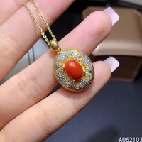 kjjeaxcmy fine jewelry 925 sterling silver inlaid natural red coral women classic exquisite oval gem pendant necklace support de