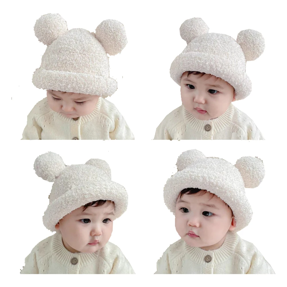 

шапки бини шапочка для новожденных Осенне-зимняя сохраняющая тепло однотонная плотная детская шапка с медвежьими ушками Симпатичные Мульт...