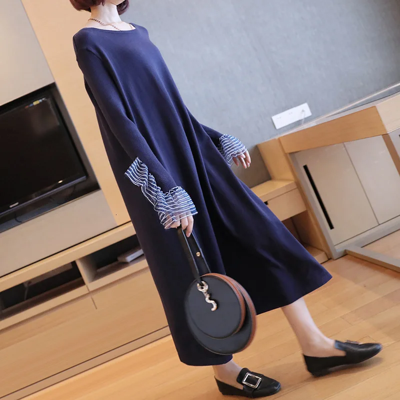 LANMREM 2020 большой размер длинный рукав вязаное платье весна Новая женская