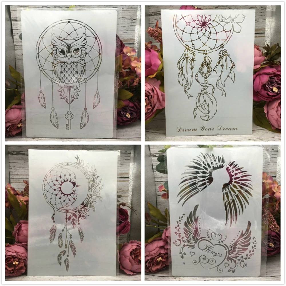 

4Pcs A4 29cm Owl Dream Wheel Wings DIY Layering Stencils Wall Painting Scrapbook Coloring Embossing Album Decorative Template