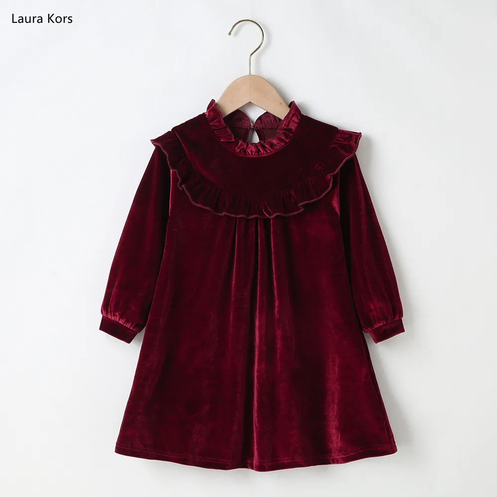 Autumn Winter 2022 New Girls Dress Long Sleeve Velvet Ruffles Collar Wine Red Solid Cute Sweet Baby Vestidos 2-6T