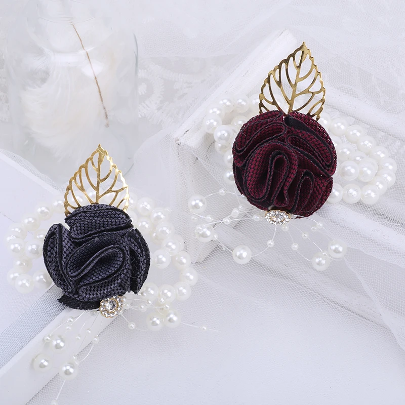 

Hot Sale Wine Red Bride Bridesmaid Wrist Flower Elastic Bracelet Knitted Rose Flower Handmade Party Wedding Accessory SW048