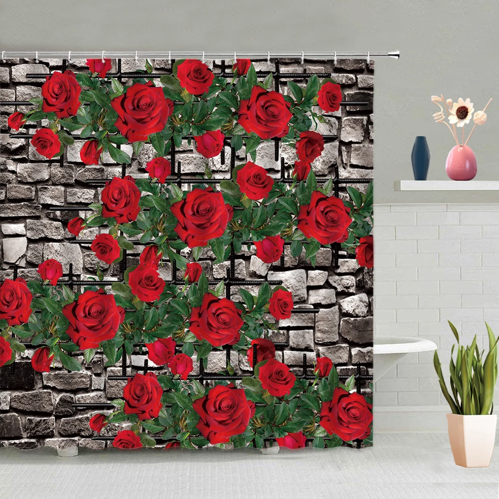 

Flowers Shower Curtain Green Leaves Floral Vine Plant 3D Brick Wall Retro Wood Board Bathtub Decoration Screen Washable With Hoo