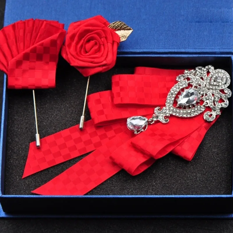 Red set 1 Высококлассный Модный бриллиантовый галстук-бабочка Женихи мужские свадебные аксессуары для воротника Галстуки Роза брошь карманное полотенце квадратный набор подарки для мужчин - Цвет: Red set 1