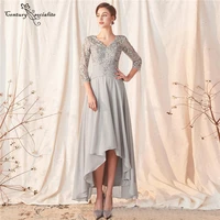 hi lo grey mother of bride dresses with sleeves 2022 v neck lace appliques pleats chiffon long formal evening dress prom gowns
