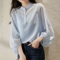 summer sunscreen temperament commuter shirt female blue striped korean long sleeved cotton stand up collar button up