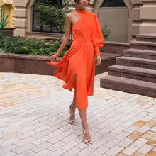 Vestido informal de manga larga para mujer, traje de hombro inclinado, liso, Simple, elegante, para Otoño e Invierno (4)