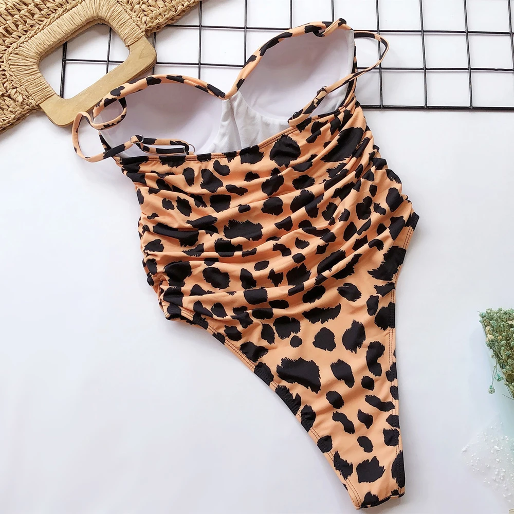 

Ladies Summer Sexy Leopard Print Solid Color One-piece Swimsuit Bikini Adults Women Strap Swimsuit Female Swimwear Beachwear