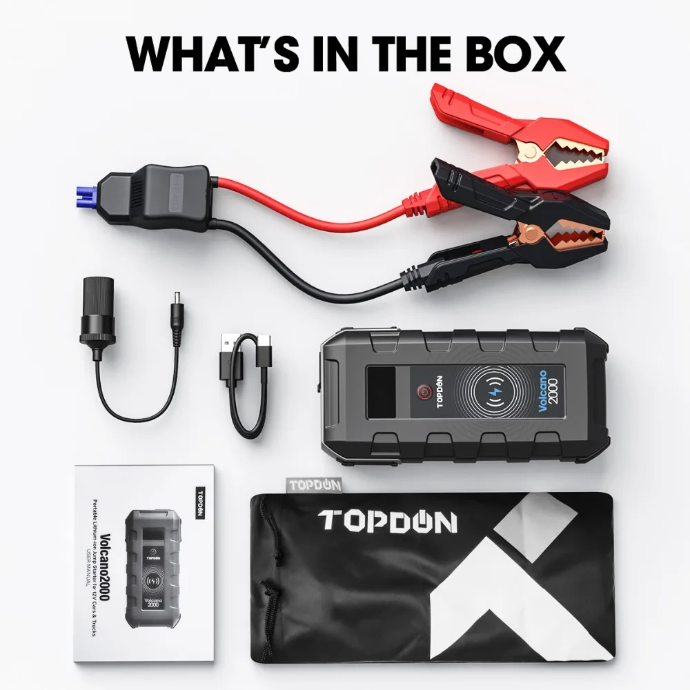 

TOPDON V2000 Car Jump Starte 20800mAh 12V 2000A Peak Portable Emergency Starter Wireless Charger Power Bank Booster Start Device