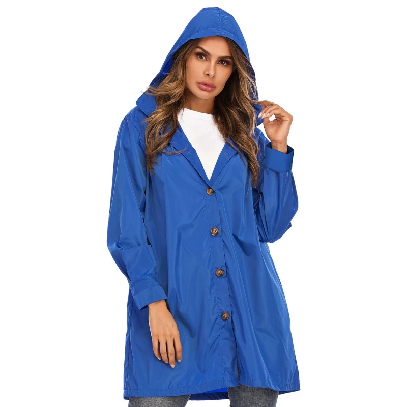 

2021 Buttons Raincoat Hooded Jacket Casual Ladies Windproof Waterproof Coat Female Autumn Winter Long Sleeve Womens Outerwear