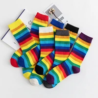 high quality seven color rainbow socks women korean style colorful cute cartoon socks fashion striped midi tube cotton sock