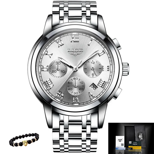 S-silver white LIGE мужские часы, военные Роскошные брендовые часы, мужские кварцевые часы из нержавеющей стали, модные часы с хронографом, мужские часы - Цвет: S-silver white