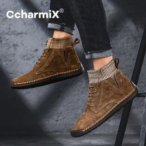 Мужские ботинки CcharmiX, зимние теплые ботинки из коровьей замши с мехом, ботильоны на шнуровке, ботинки-носки ручной работы, большой размер 48