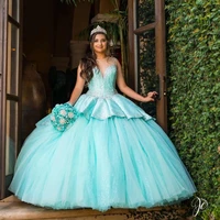 vestidos de 15 anos mint green quinceanera prom dresses crystal beaded sheer neck sweet 16 ball gowns