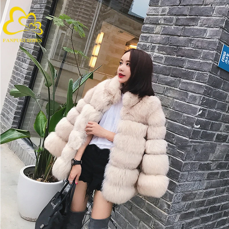 FANPUGUIZHEN S-3XL Winter Luxury Faux Fox Fur Coat Slim Long High Quality Faux Fur Jacket Women Thicken Warm Fake Fur Coats