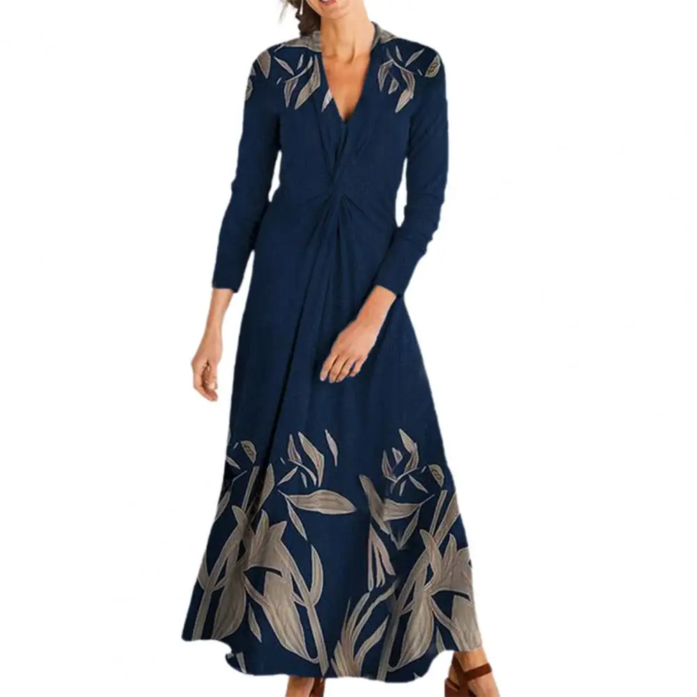 

Женское длинное вечернее платье, элегантное свободное платье с V-образным вырезом и цветочным принтом