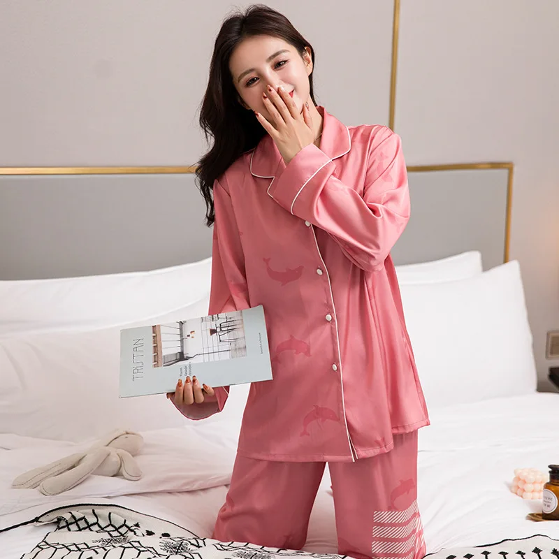 

Pink Lady 2PCS Faux Silk Sleep Suit Turn-down Collar Shirt&Pant Sleepwear Spring Autumn Lounge Nightwear Fashion Print Home Wear